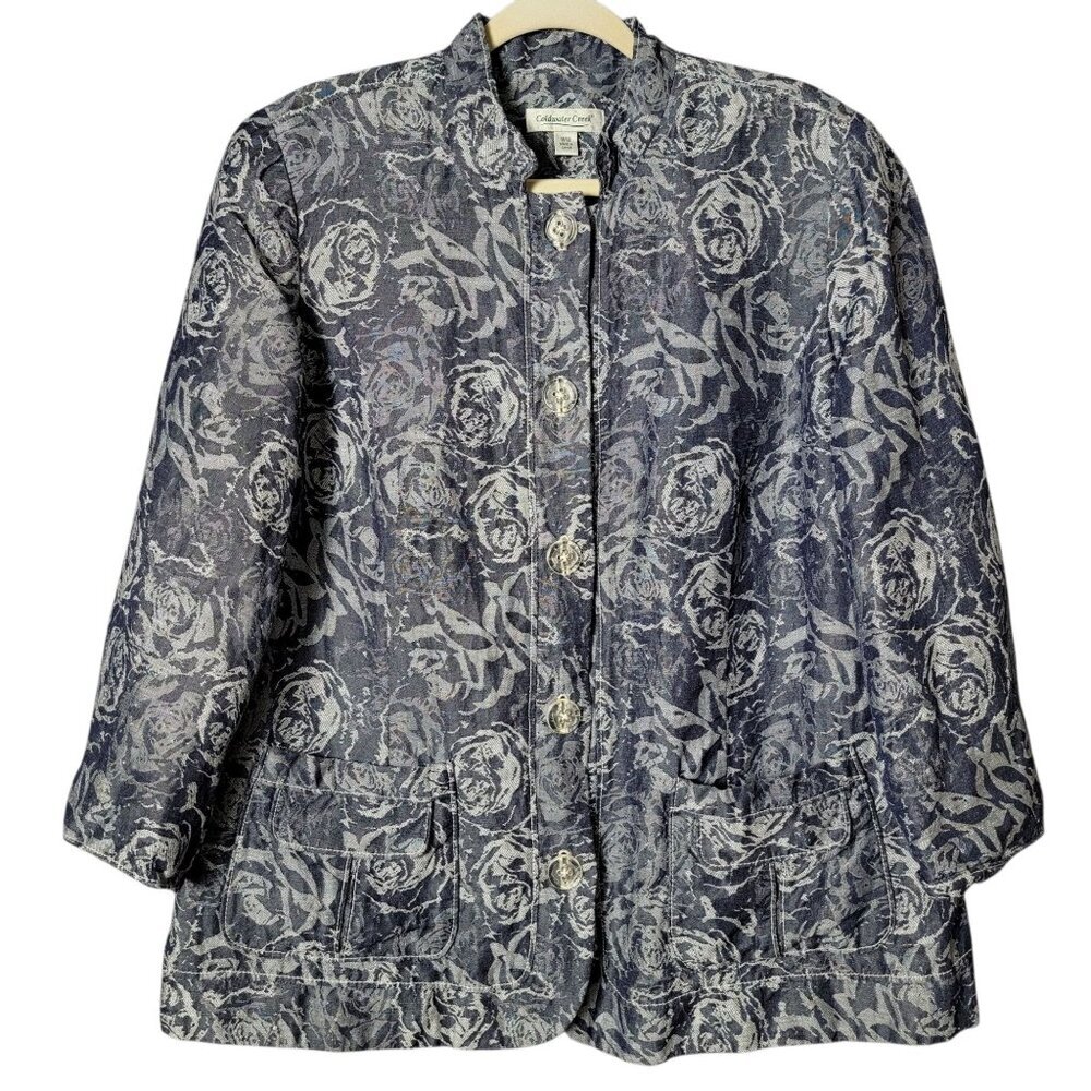 Coldwater Creek Womens Blue Linen Blend Floral Rose Button Up Blazer Jacket W18
